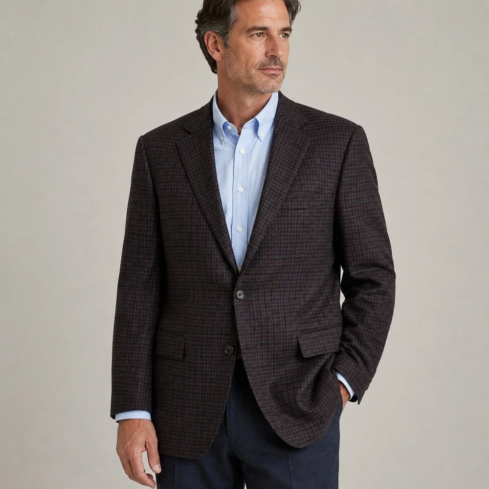 Jos A Bank Traveler Mens 44 Long Traditional Fit ‎ Wool Brown Windowpane Blazer